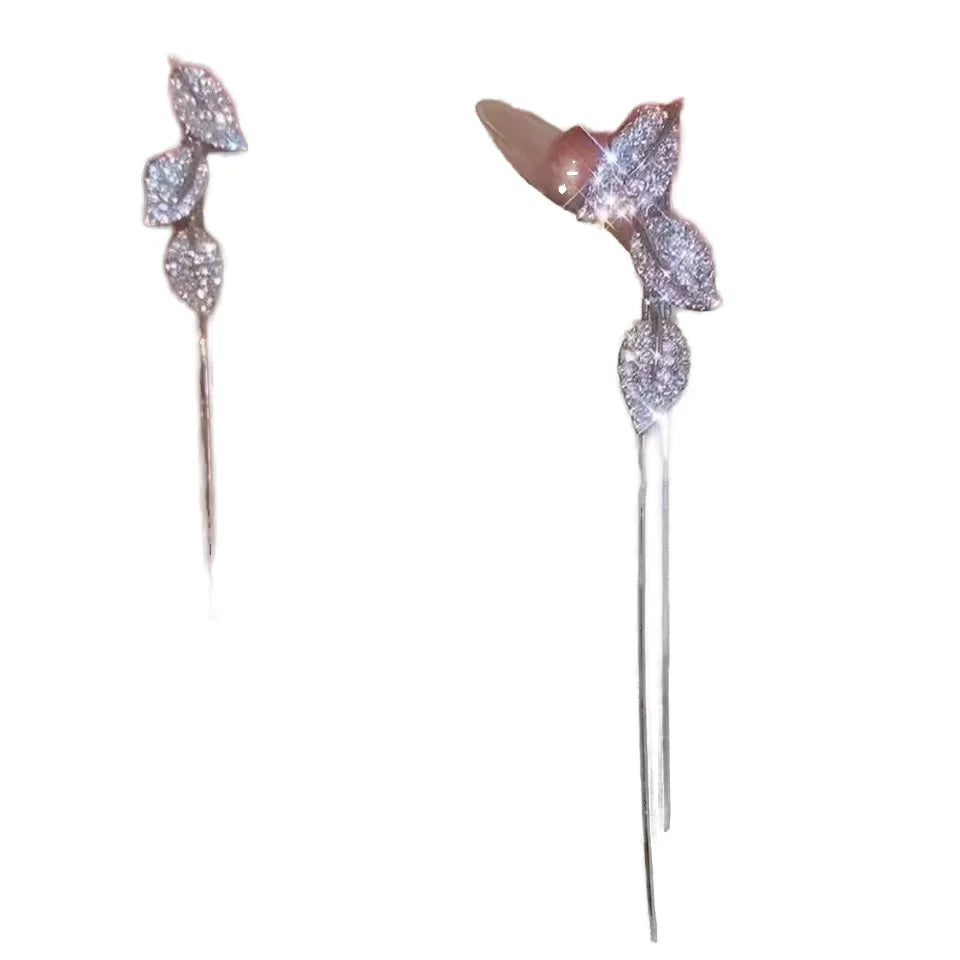 Needle Set Diamond Leaves Long Two Wear Tassel Huggie Earrings Trendy Alloy for Wedding Party Great Gift Idea