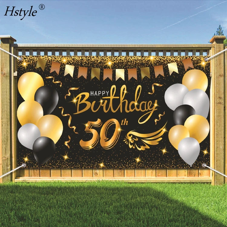 50th Birthday Party Decoration Large Fabric Black Gold Sign Poster for 50th Anniversary Photo Booth Backdrop Background Banner