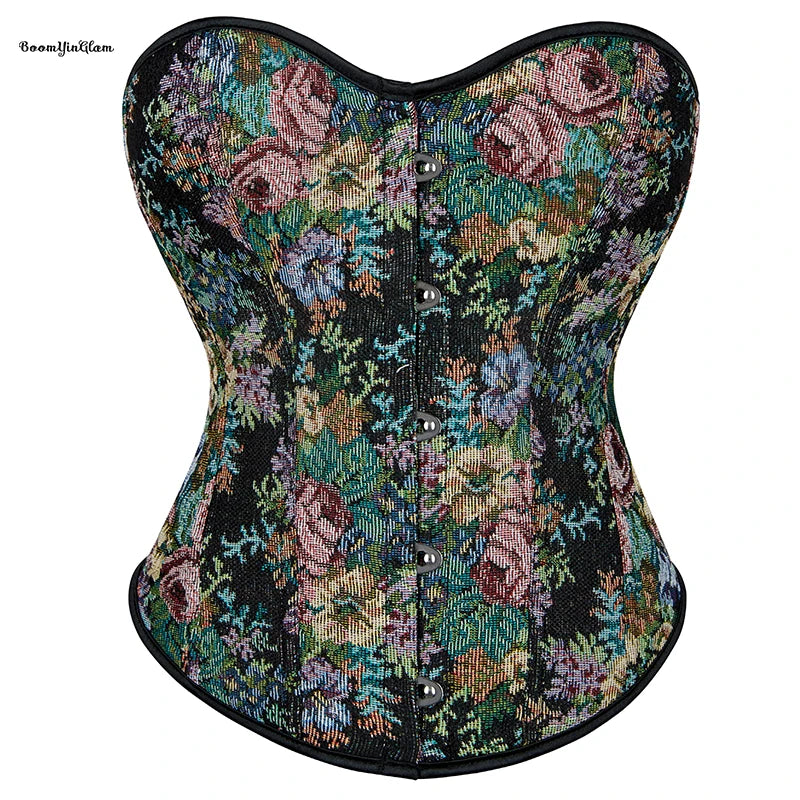 5 Brooches Closure Women's Slimming Binder Bustier Medieval Gorset Top Floral Embroidered Overbust Corselet With 12 Glue Bones