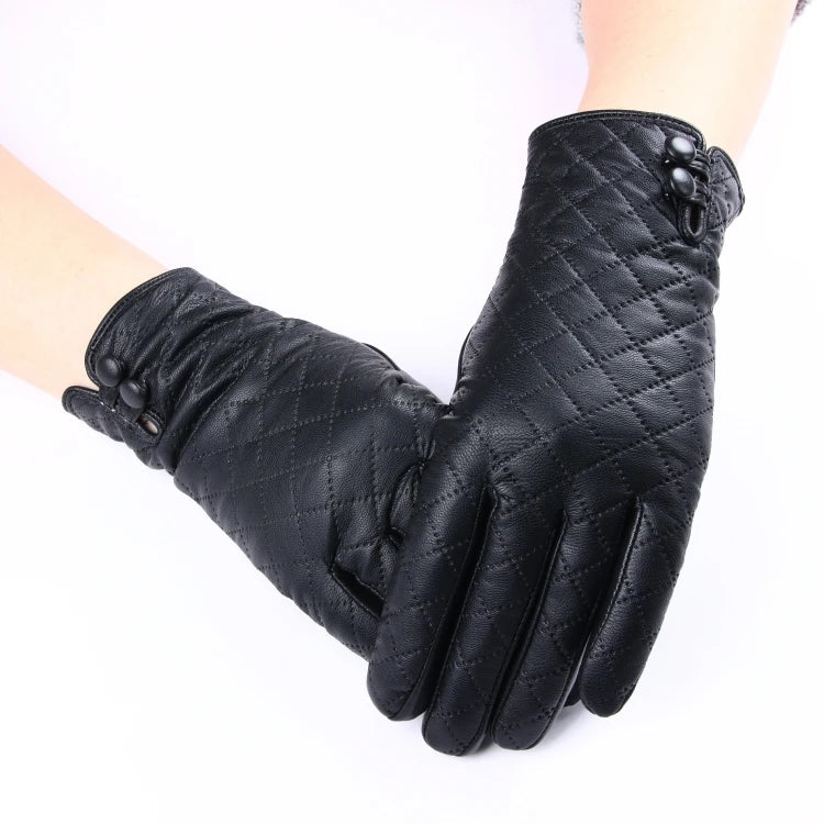 Women's Black Leather Gloves Diamond Pattern Goatskin PU Stitching Plain Style for Small Hands-Daily Outdoor Casual Four Seasons