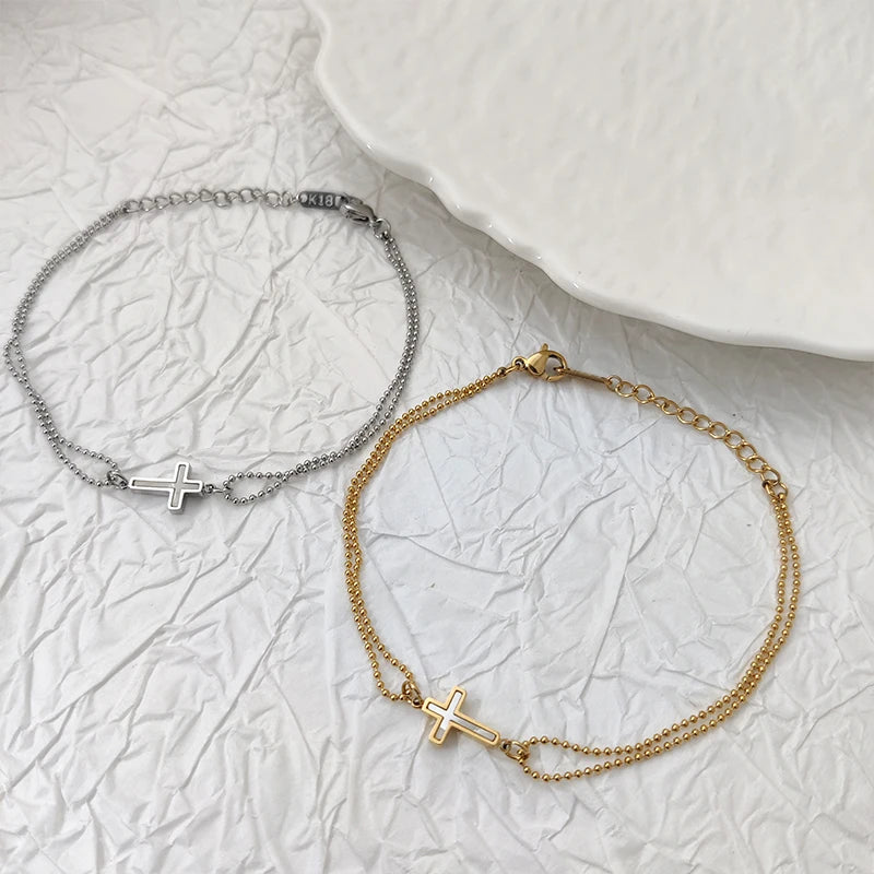 Hot Sale Trendy Double Layer Beaded Chain Bracelets Gold Plated Stainless Steel Charm Shell Cross Bangles Jewelry Bulk WSB002