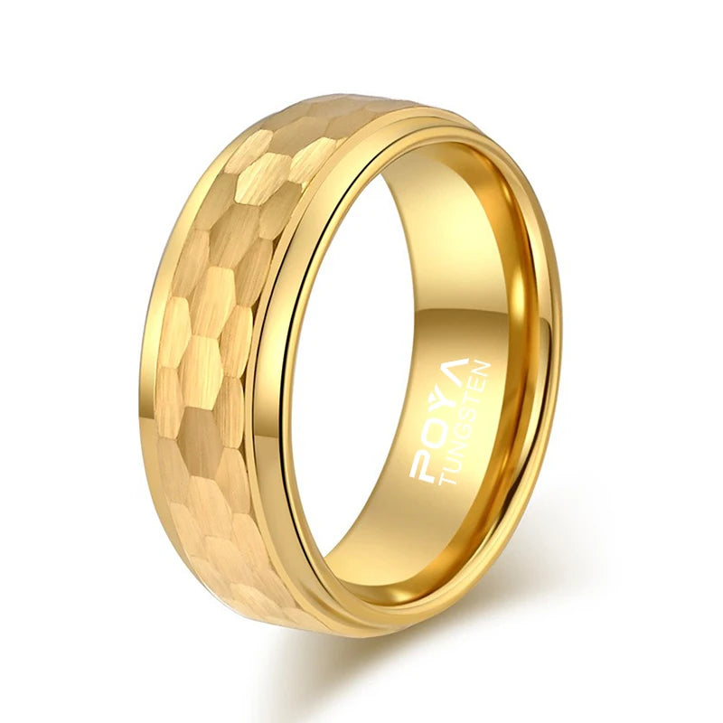 POYA Wholesale 8mm 18K Gold Faceted Step Edge Black Tungsten Luxury Wedding Ring for Men