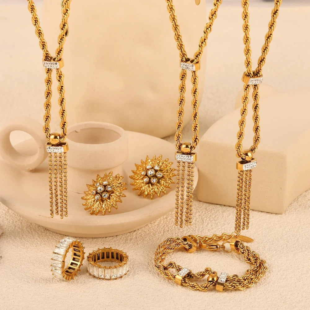 Ilona 18k Gold Plated Personality Trend Diamond Drip Glaze Design Jewelry Double Layer Twist Chain Stainless Steel Jewelry Set