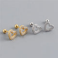 SP Korean Mini Stud Screw Back Earrings Gold Pated 925 Sterling Silver Hollow Out Zircon Heart Stud Earring