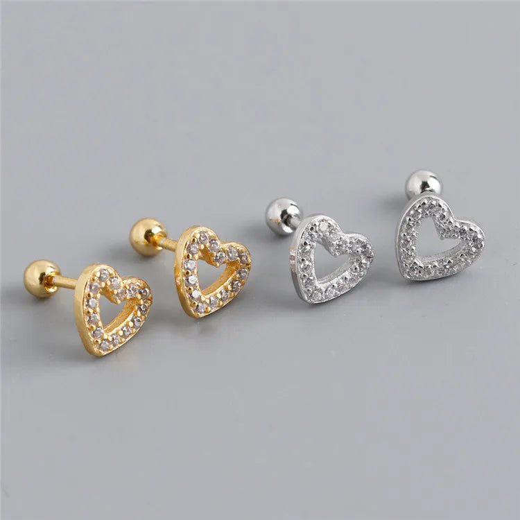 SP Korean Mini Stud Screw Back Earrings Gold Pated 925 Sterling Silver Hollow Out Zircon Heart Stud Earring