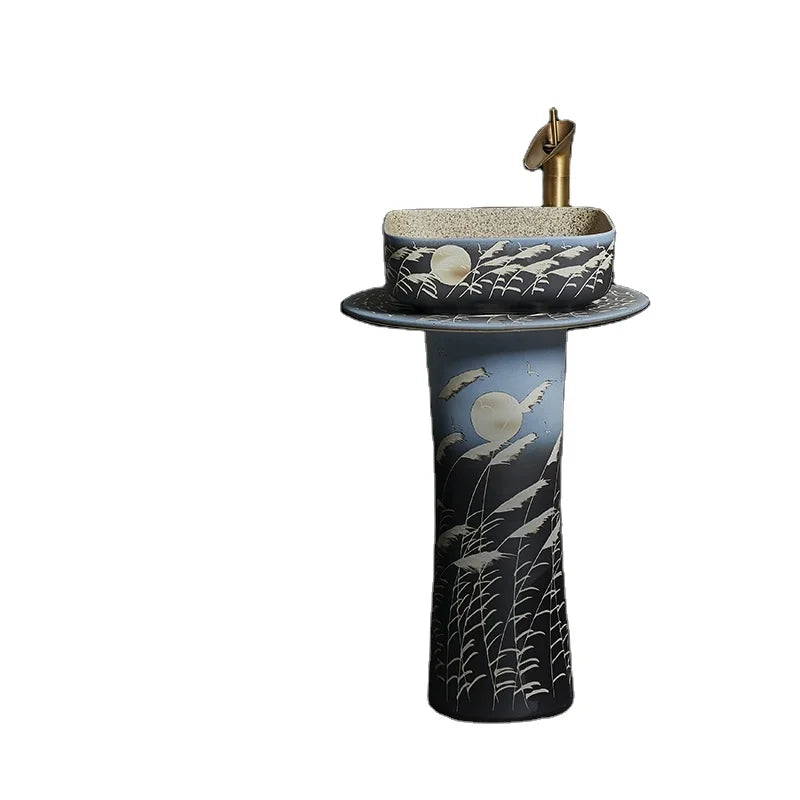 Chinese Factory Sanitary Ware Hand Painting Pattern Art Porcelain Sink Ceramic Wash Basin with Pedestal