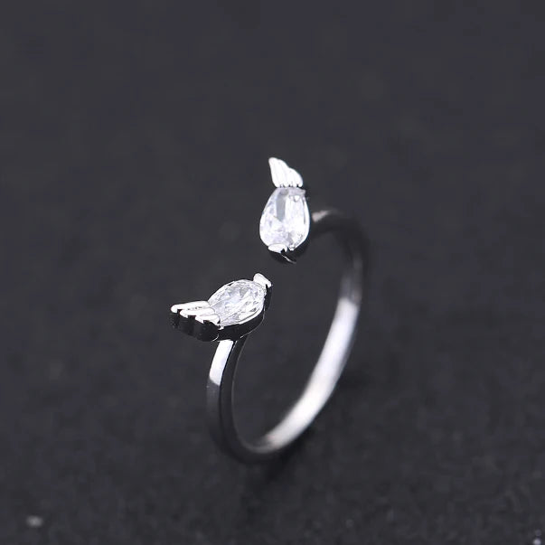 Women's Simple Design Silver Open Adjustable Angel Lucky Rings Cute Rhodium Plated Jewelry for Wedding Engagement or Gift