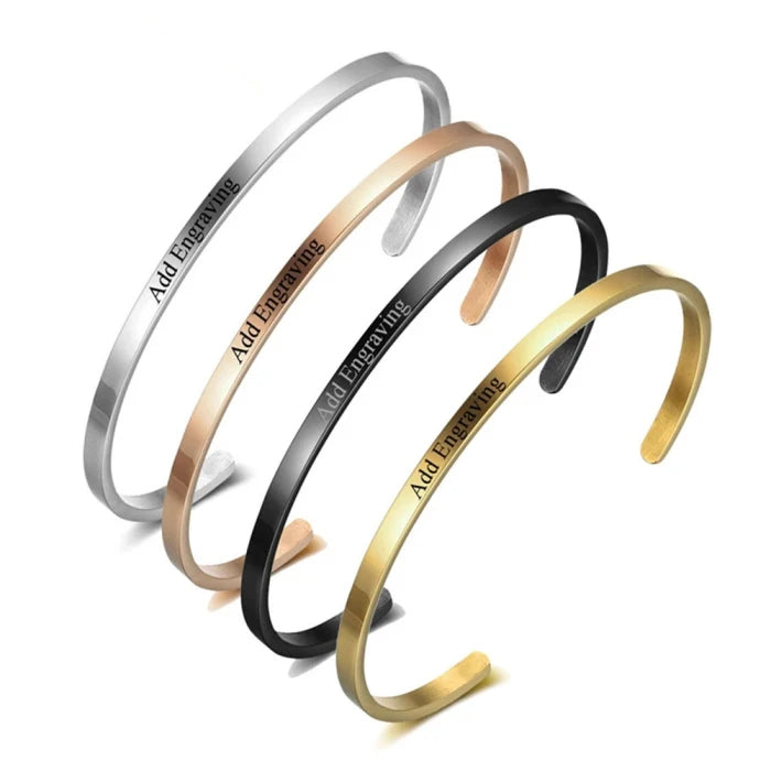 Personalized Cheap Wholesale Custom Engraved C Shaped 4mm Width Stainless Steel Mirror/Matt Polish Blank Thin Open Cuff Bracelet