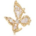 Brass Electroplated Gold Inlaid Square Zirconia Natural Blue and White Mother-Of-Pearl Open Butterfly Rings Women's Jewelry