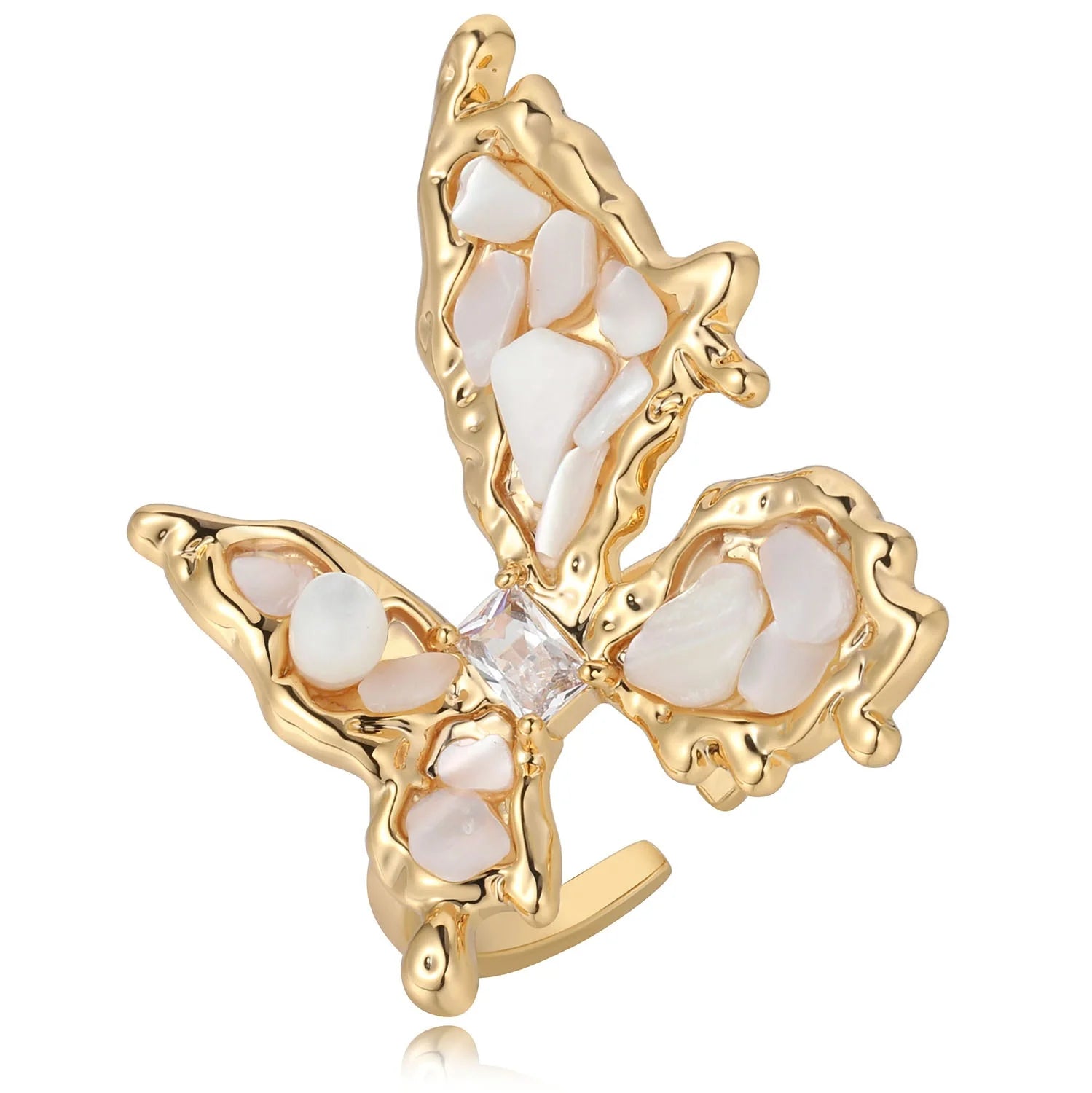 Brass Electroplated Gold Inlaid Square Zirconia Natural Blue and White Mother-Of-Pearl Open Butterfly Rings Women's Jewelry