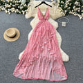 LW0677 Holiday Dress Women'S Cutout Waist V-Neck Lace Halter Floral Chiffon Dress Dress for the Beach 2025 Spring and Summer
