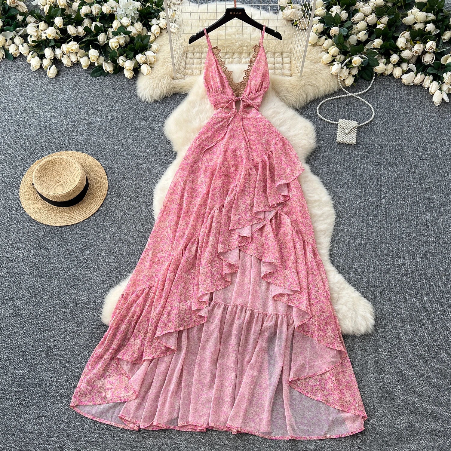 LW0677 Holiday Dress Women'S Cutout Waist V-Neck Lace Halter Floral Chiffon Dress Dress for the Beach 2025 Spring and Summer