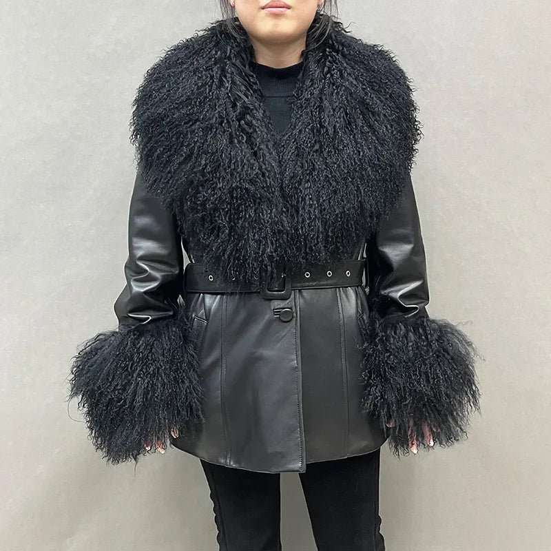 Jancoco Winter Fashion Real Sheepskin Leather Coat Mongolian Fur Collar Leather Jackets Women