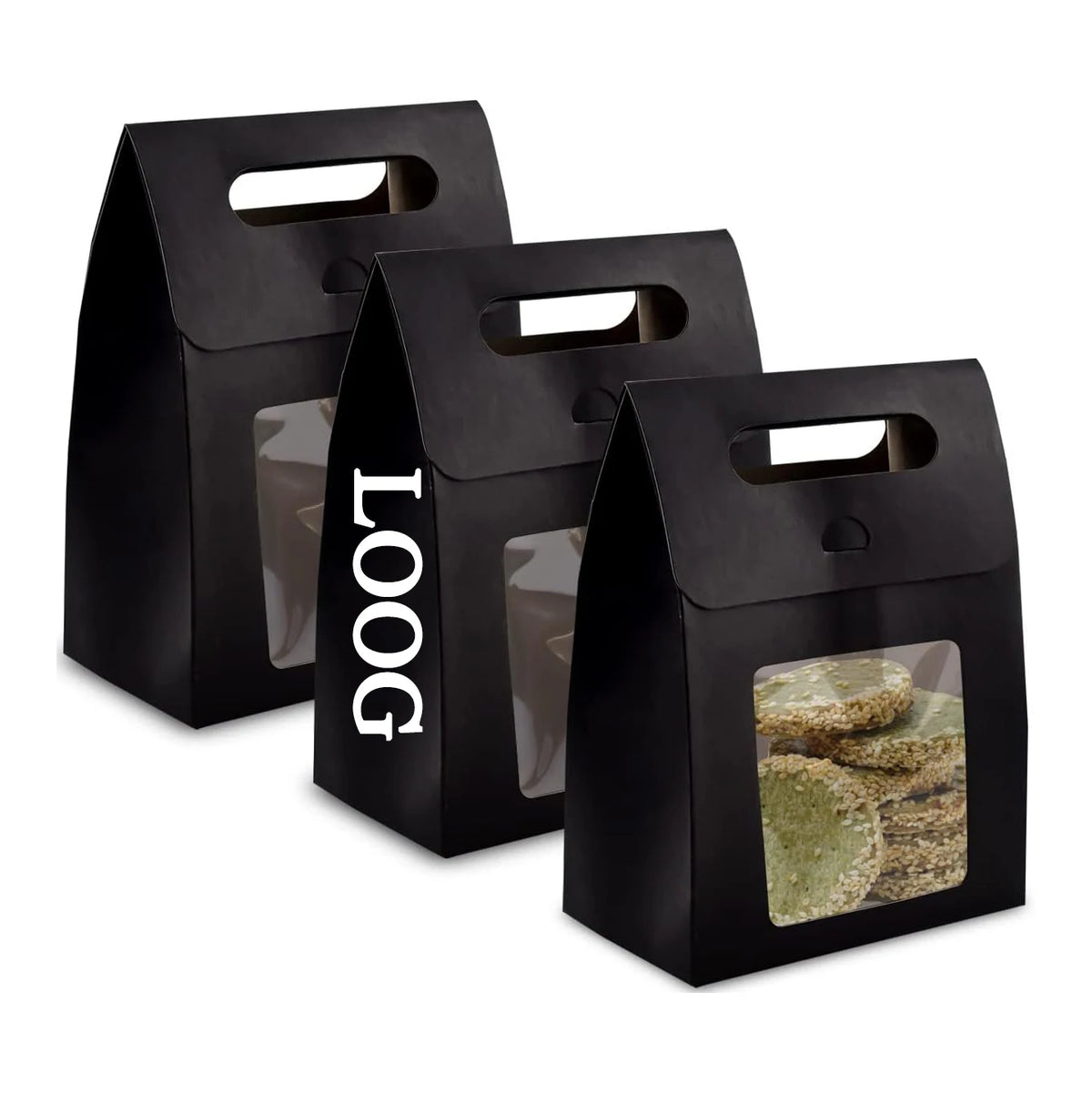 Black Cardboard Perforated Transparent Window Design Candy Cookies Pastry Children Gift Toy Packaging Display Goodie Bag