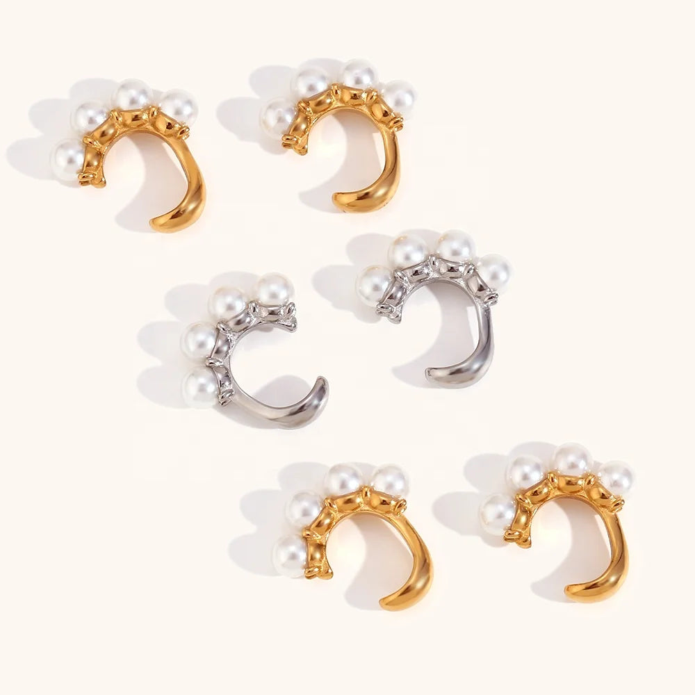 Dingran Gold Ear Cuff Earring Pearl J Shape Clip on Earrings Gold Plated Stainless Steel Jewelry Earrings