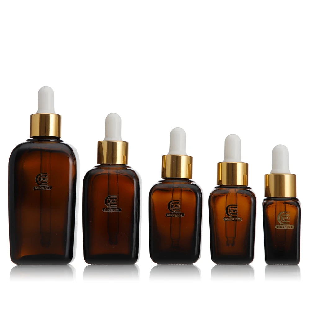 Cosmetic Essential Oil Packaging Amber Square Dropper Glass Bottles 10ml 25ml 30ml 50ml 100ml Capacity