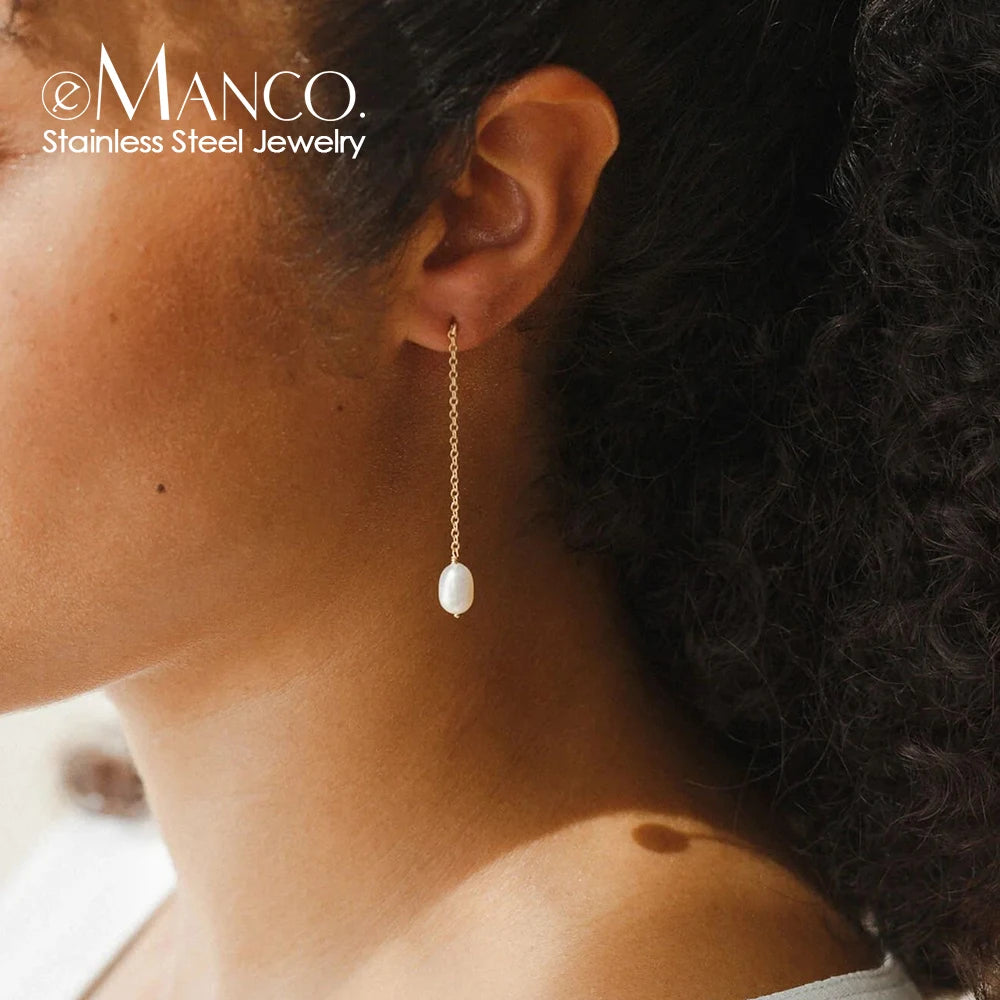 EManco Trendy Freshwater Pearl Long Chain Dangle Earrings Stainless Steel Jewelry for Women Wedding & Party Gift