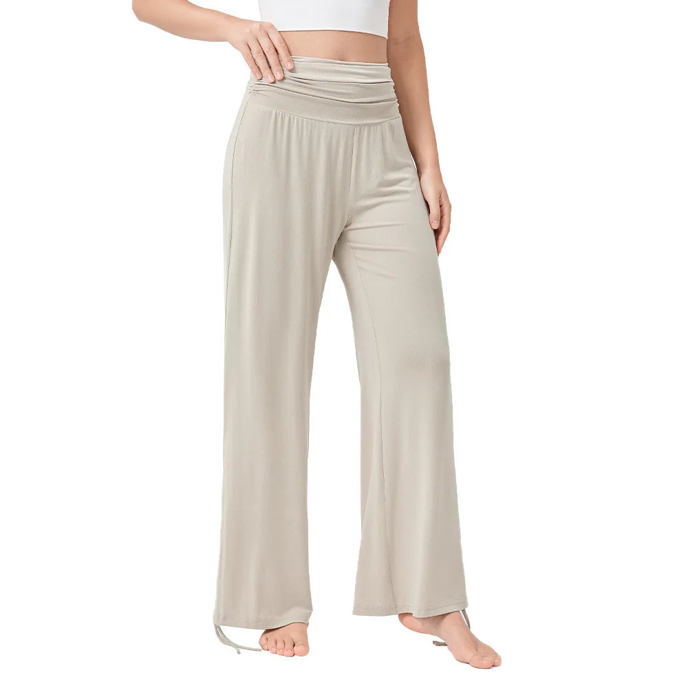 Women's High Waist Yoga Pants Solid Color Breathable Fitness Dance Pleated Wide Leg Soft Waxy Feel Casual Sports Loose Fit