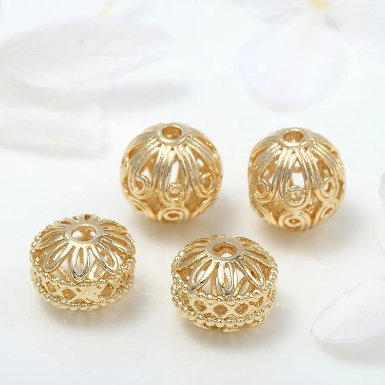 Wholesale DIY Handmade Jewelry Accessories 14K Gold Plated Round Hollow Spacer Beads for Bracelet Making Findings