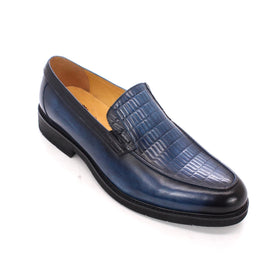 Blue Leather Loafers Handmade Men Thick Sole Leather Shoes Slip on Casual Dress Shoes for Men