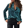 RNSHANGER Autumn Solid Color Women Blouses Fashion Velvet Button Long Sleeve Elegant Turn-down Collar Ladies Shirt With Pocket