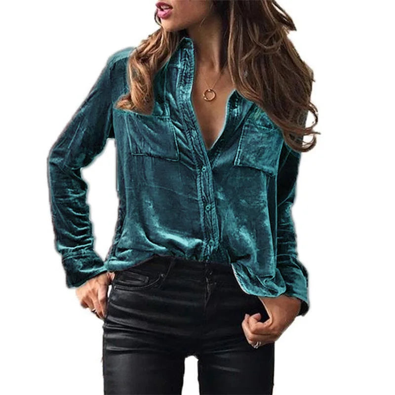 RNSHANGER Autumn Solid Color Women Blouses Fashion Velvet Button Long Sleeve Elegant Turn-down Collar Ladies Shirt With Pocket