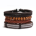 European Retro Custom Wooden Beads Braided Leather Bracelet Multilayer Leather Wrap Mens Bracelet