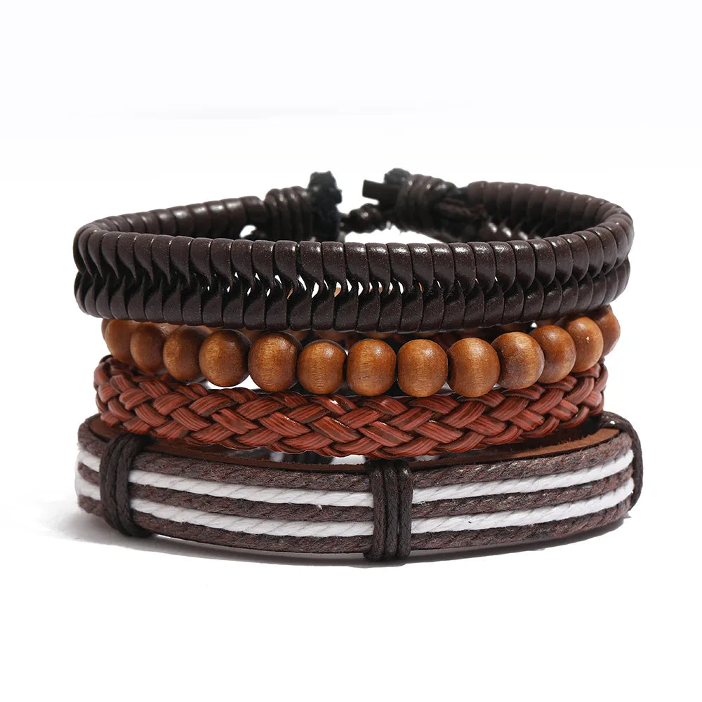 European Retro Custom Wooden Beads Braided Leather Bracelet Multilayer Leather Wrap Mens Bracelet