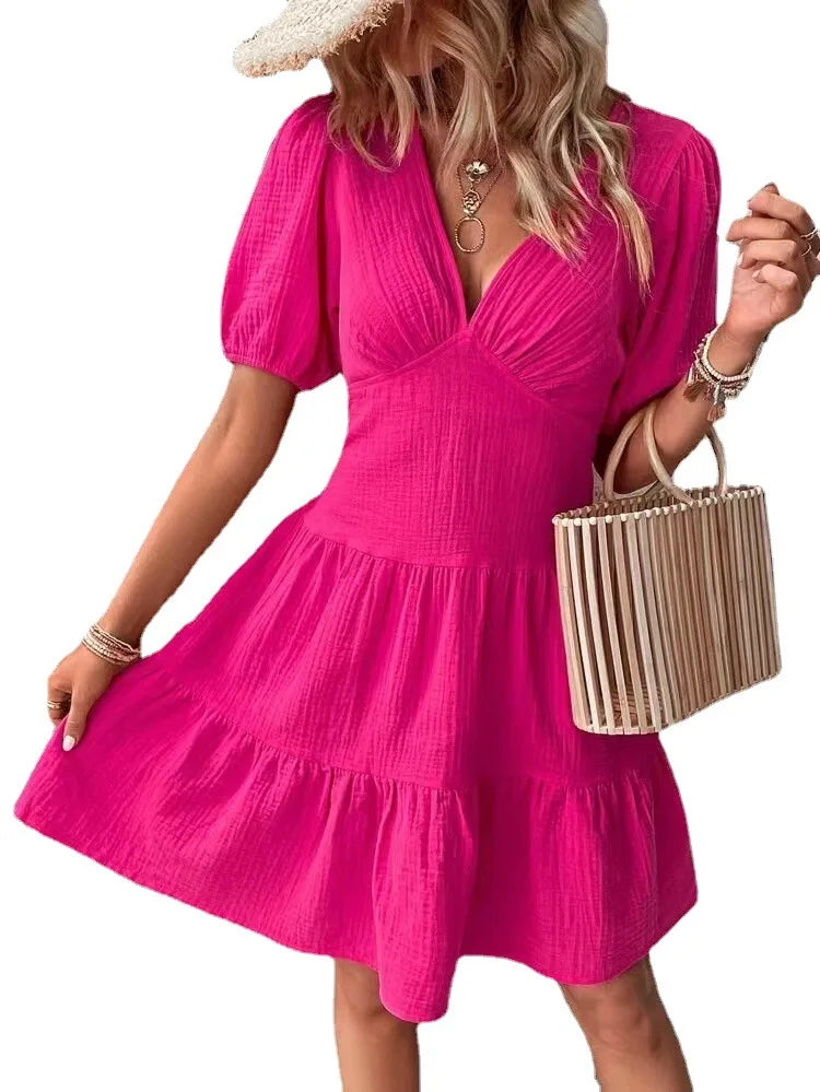 Women's Clothes Summer Solid Color Ladies New V Neck Slim High Waisted Dress Large Skirt Loose Short Sleeve Women Casual Dresses