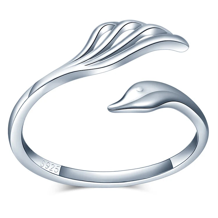 Vintage Silver Jewelry Swan Design Open Ring with Hollow Tail Adjustable Sterling Silver 925 for Wedding Engagement or Gift