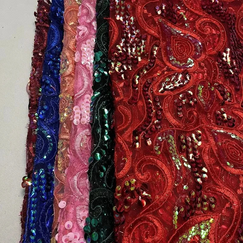 Heavy Weight 100% Polyester Tulle Sequin Lace Fabric Stretch African Saree-Worthy Woven Fabric with Sequins