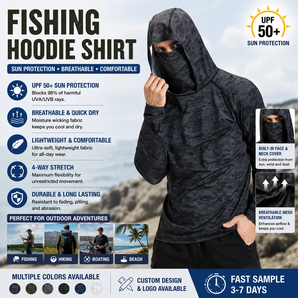 Breathable Upf50 Spf Long-sleeved Custom Sublimation Design Mask Hooded Fishing Hoodie Wear Hooded Performance Fishing Shirts