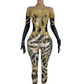 Gold Print Rhinestone Bodysuits Female Las Vegas Show Drag Queen Outfits Gogo Dancer Costumes Women Stage Performance Jumpsuits
