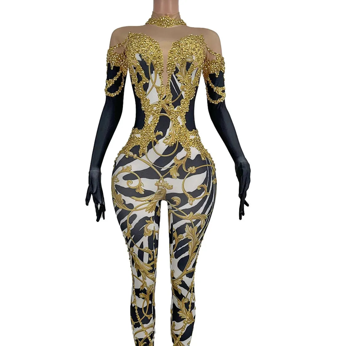 Gold Print Rhinestone Bodysuits Female Las Vegas Show Drag Queen Outfits Gogo Dancer Costumes Women Stage Performance Jumpsuits