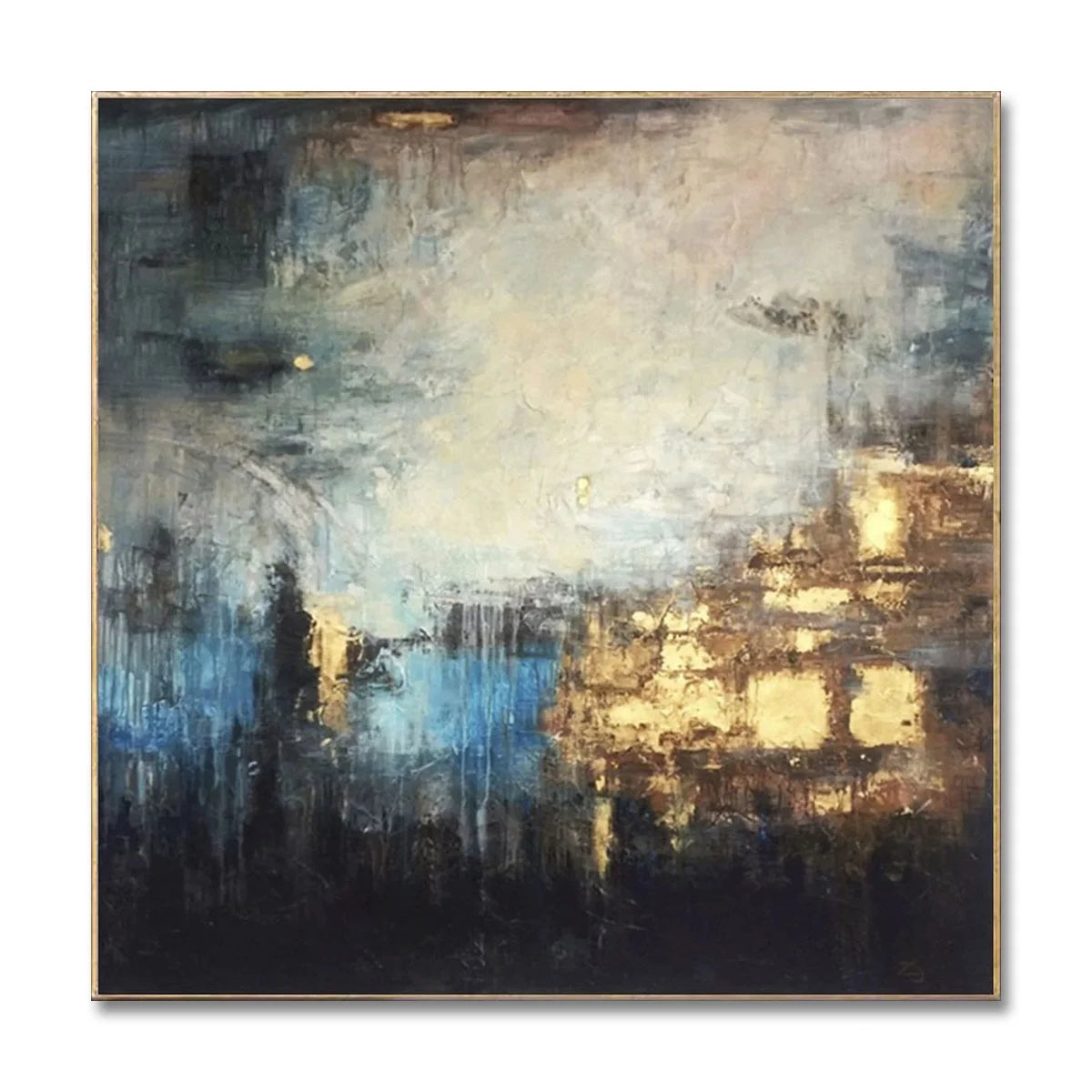 Abstract Oil Painting Art Golden Blue Night Sky Modern Abstract Paintings on Canvas Decor for Hotel Living Room Dinning Room