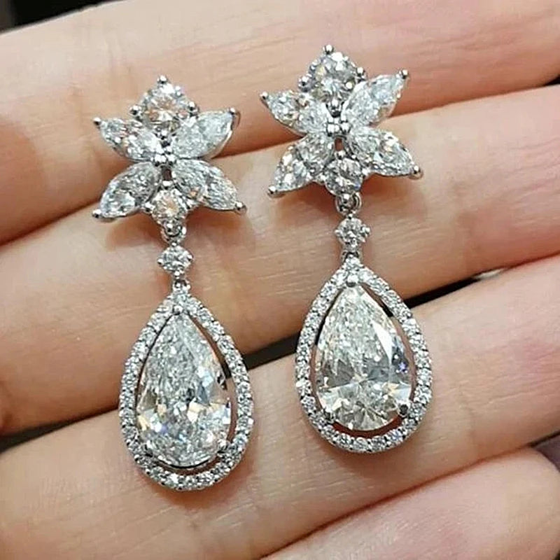 CAOSHI Fashion Flower Waterdrop Jewelry Women Luxury Zircon Bridal Wedding Drop Earrings Silver Plated Crystal Earrings