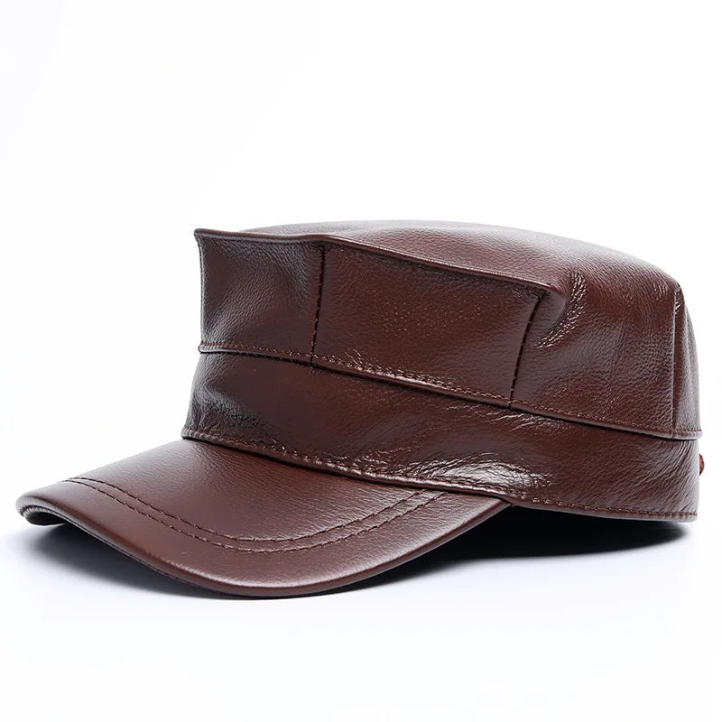 R007 Male  Warm Leather Hat Fleece Inside Casual Ear protection Hats Cowhide Leather Baseball Cap Trucker Hat