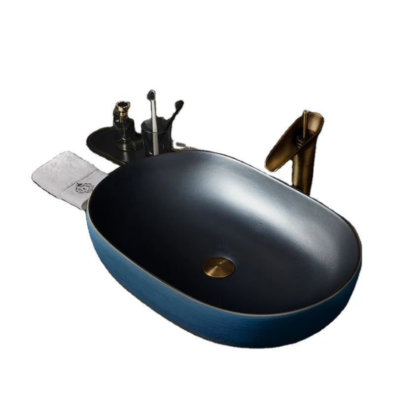 China Colourful Countertop Ceramic Oval Face Washing Basin for Bathroom & Kitchen