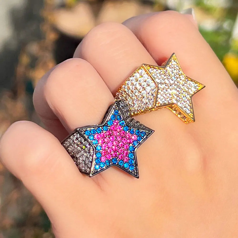 Luxury Big Chunky Micro Cubic Zirconia Pave Statement Star Pentagram Shape Finger Ring for Women Engagement Promise Jewelry Gift