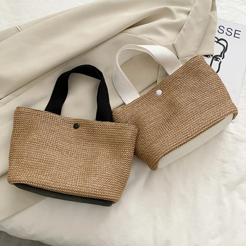 New Women's Retro Cute Handbag with Two Straps Magnetic Snap Button Weave for Casual Summer Beach Holidays Seaside Casual Style