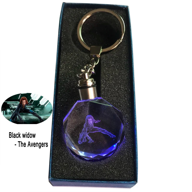 New Design Vengers Series Marvel 3D Laser Scarlett Johansson Black Widow Octangle Shape Transparent Crystal Key Chain LED Light