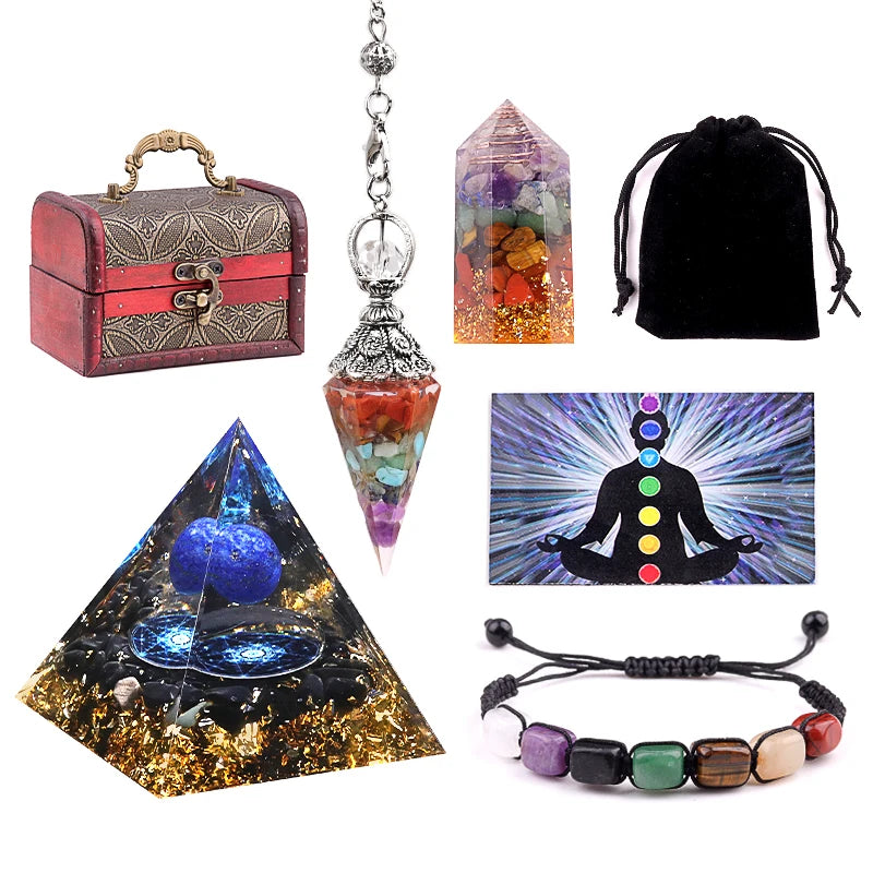 Good Quality Promotional Fashion Wholesale Custom Chakra Stones Bracelet  Pyramid  Healing Crystal Set Wooden Box Packaging