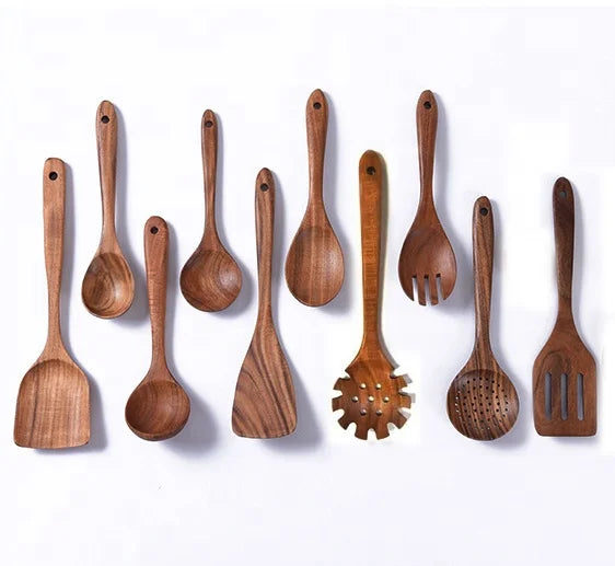 Eco-Friendly 10pc Teak Wooden Spurtle Lacquered Multi-Color Kitchen Utensils Set with Wooden Spoon and Vegetable Spatula