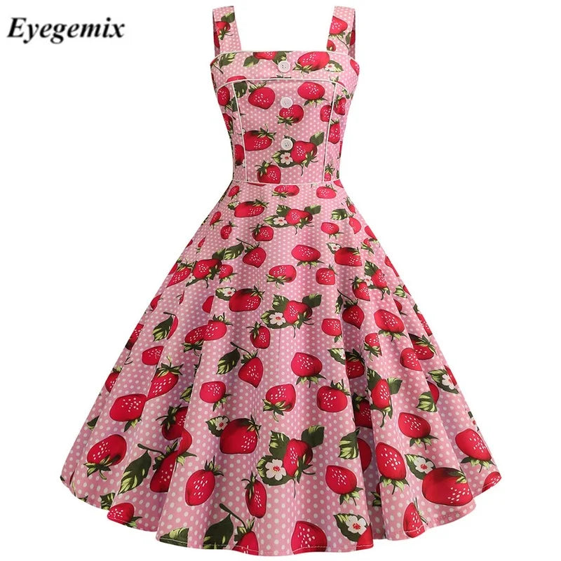 Strawberry Print Strapless Summer Dresses Women 50S 60S Robe Vintage Pinup Retro Party Rockabilly Dress New Vestido Elegant