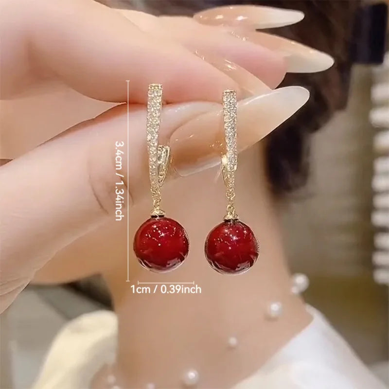 Wholesale Boutique Fashion Trendy Small Business Support Brass Alloy Gold Elegant Red Pearl Drop Earring Women Earrings Wedding
