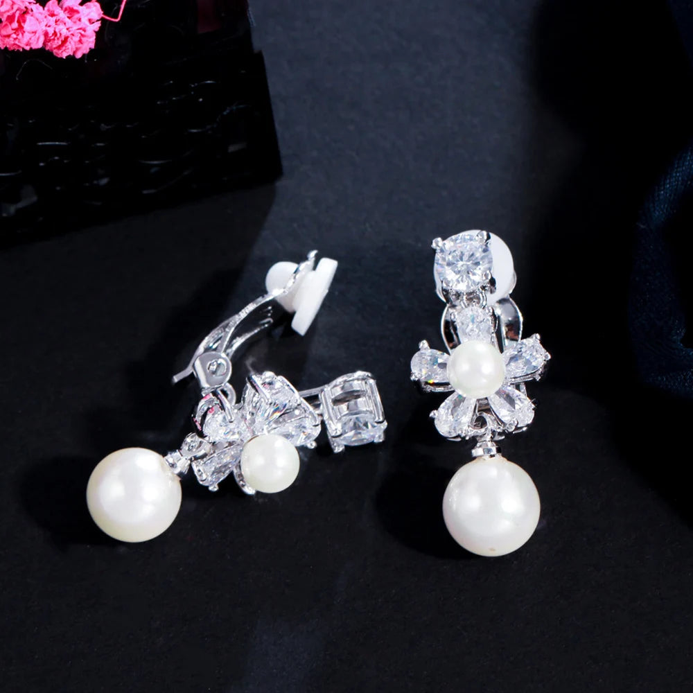 No Ear Hole Non Pierced Design CZ Crystal Flower Women Wedding Party Clip on Pearl Earrings Without Piercing