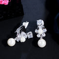 No Ear Hole Non Pierced Design CZ Crystal Flower Women Wedding Party Clip on Pearl Earrings Without Piercing