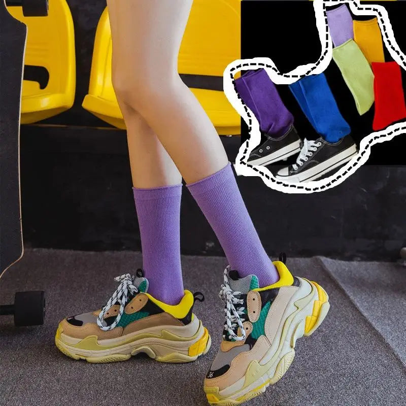 Wholesale Classic Purple Yellow Black White Plain Socks Famale Casual Thin Cotton Crew Socks for Women