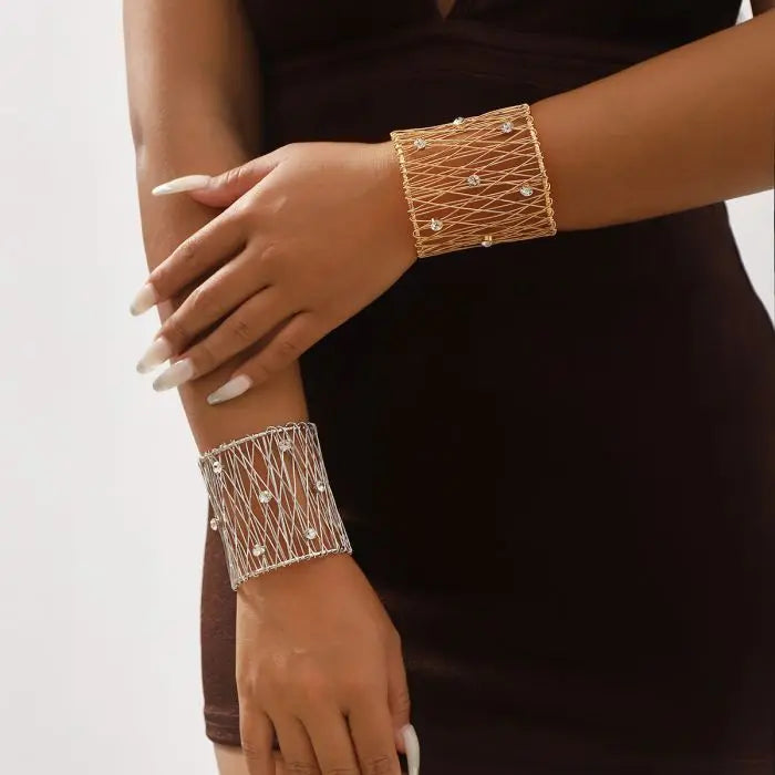New Mesh Wire Woven Crystal Bangle Fashion Jewelry for Women Girls Gold Plated Inlaid Rhinestones Cuff Bracelets
