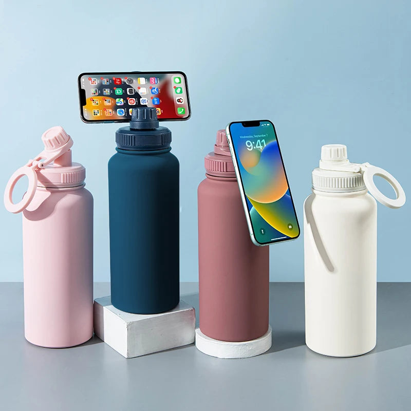 Custom Wide Mouth 32OZ Stainless Steel Sport Water Bottle Vacuum Flask Travel Tumbler  with Magnetic Phone Holder Cap Gift